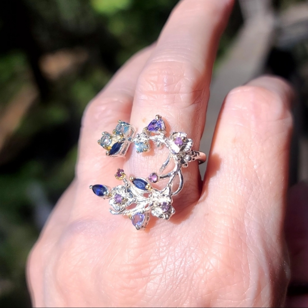 Sapphire Amethyst Tanzanite &Topaz Floral wreath Sterling Ring sz6.75 - Picture 1 of 10